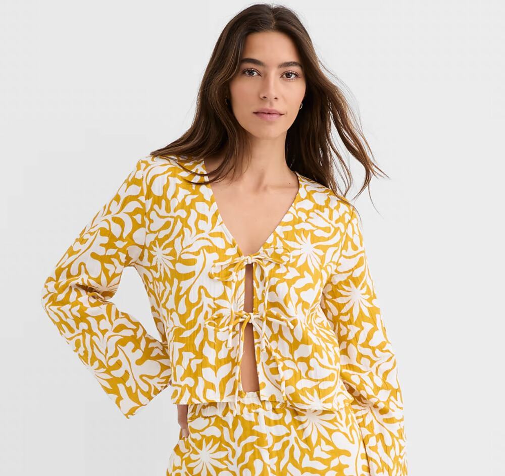 NEW Loft Beach Palm Gauze Bow Tie Top Yellow White Floral 100% Cotton Women's S